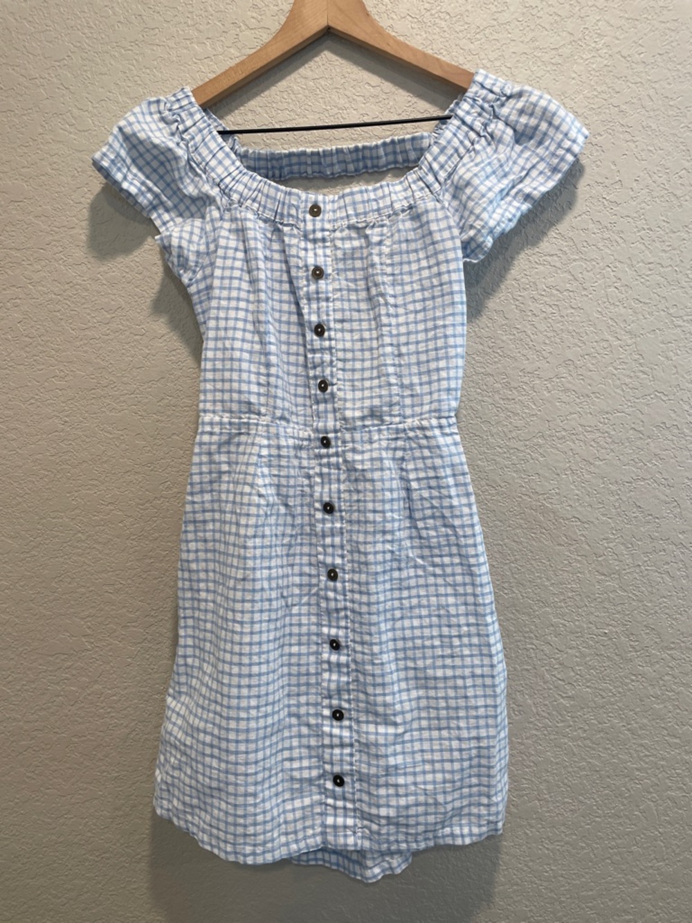 Cleobella Lou Lou Off the Shoulder Pastel Blue Gingham Mini Dress XS - Picture 3 of 8